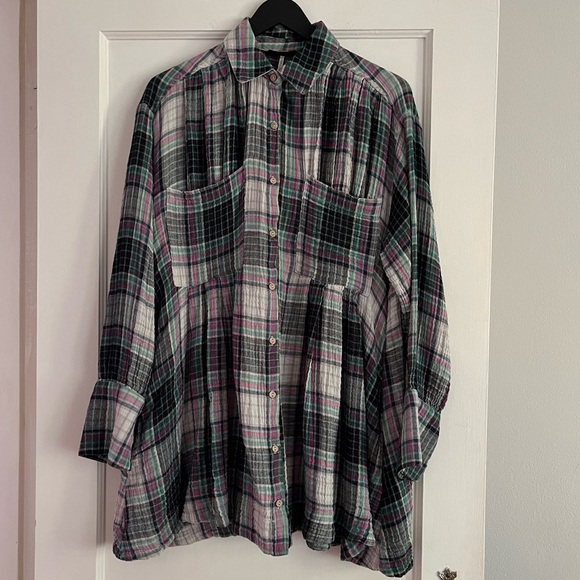 Free People The Voyage Shirtdress Mini. Oversized Pink Grey Turquoise Plaid XS - Picture 7 of 16